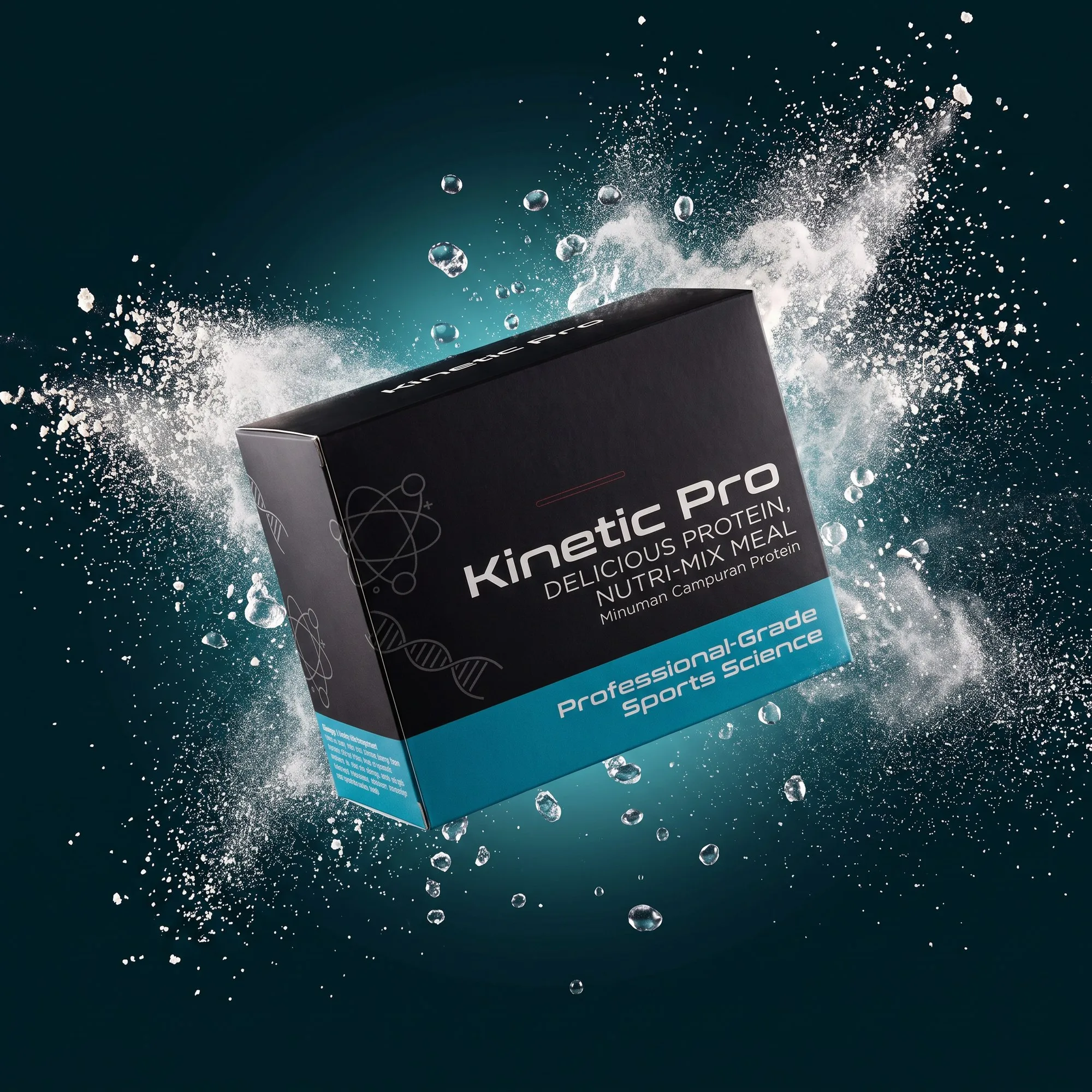 Kinetic Pro box in a burst of protein powder and water droplets