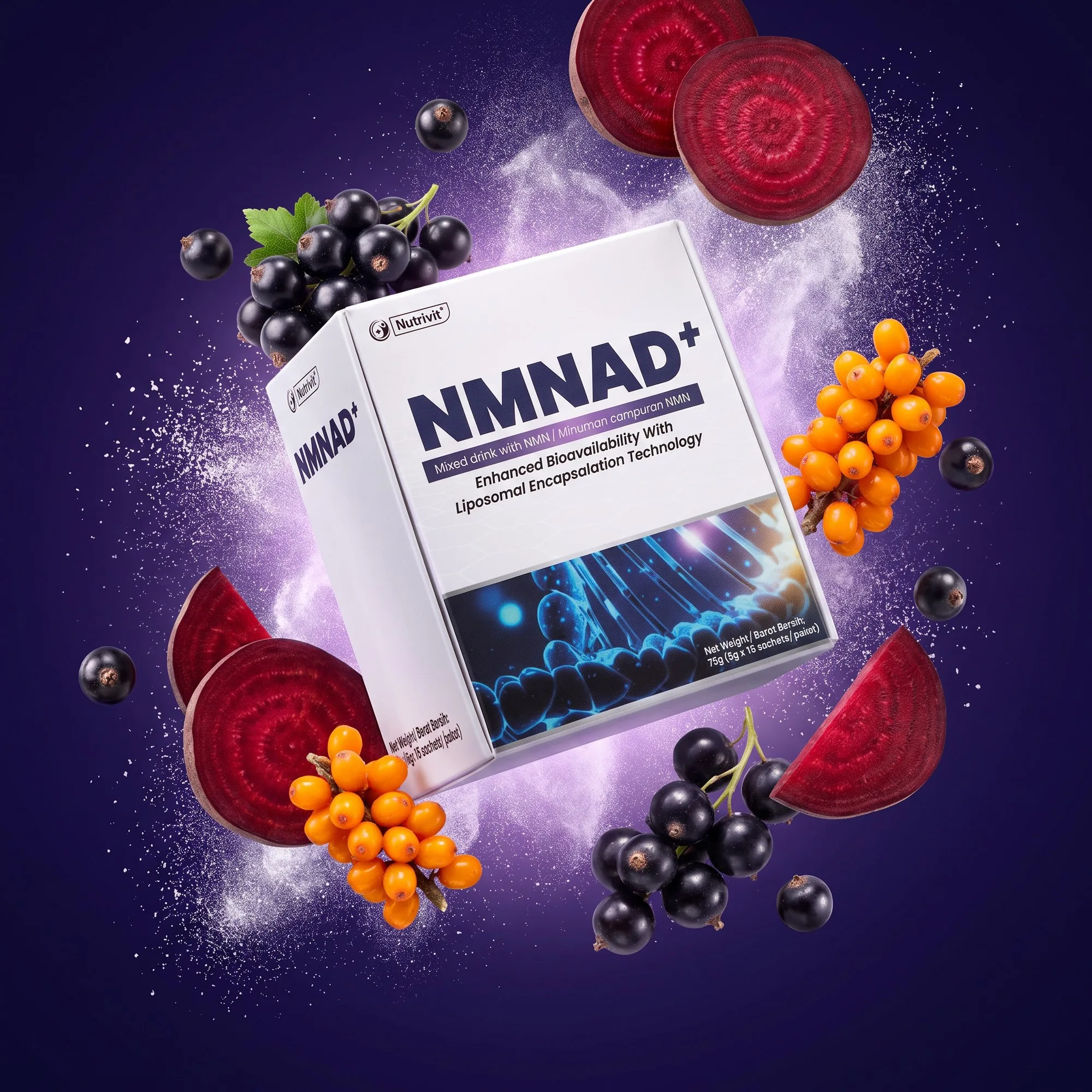 NMNAD+ box surrounded by blackcurrants, beetroot and sea-buckthorn