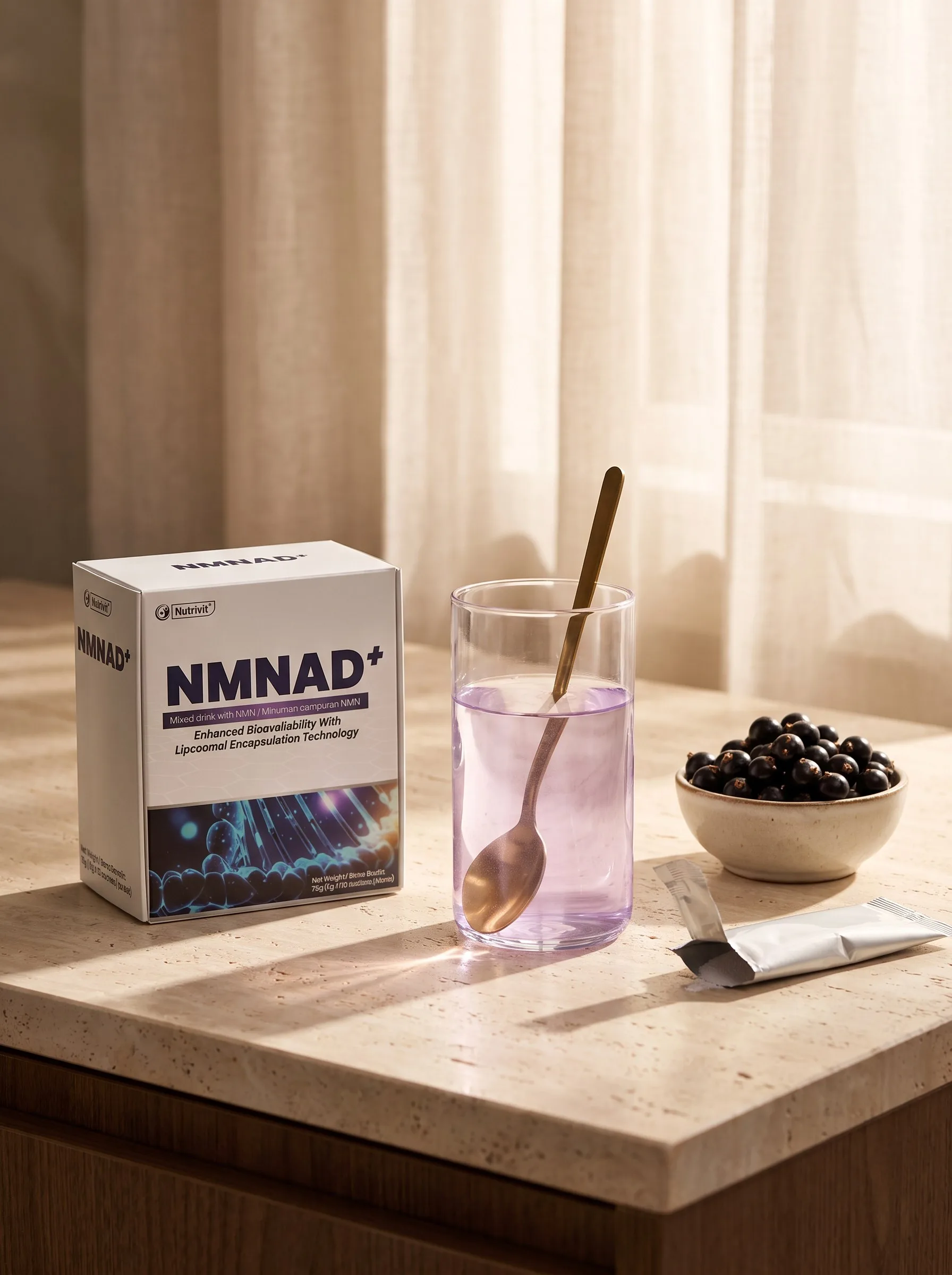 NMNAD+ box beside a glass being stirred on a kitchen counter
