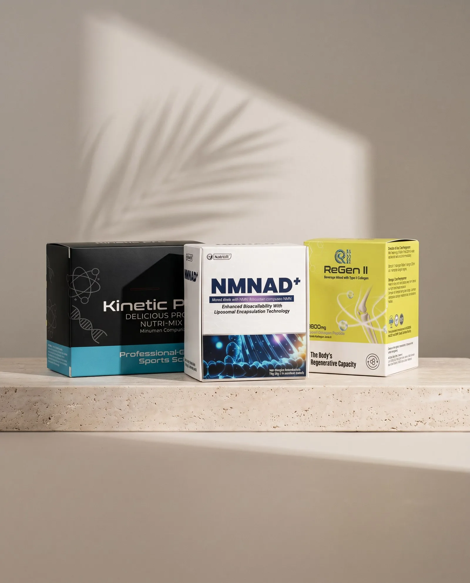 Kinetic Pro, NMNAD+ and ReGen II boxes standing together on a stone ledge in soft window light